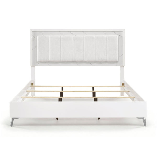 English Elm Bed Eastern King Chenille Tufted Headboard with LED Lighting Faux Marble Gloss White B011S04103