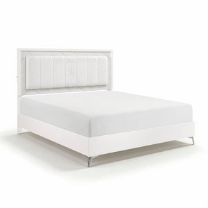 English Elm Bed Eastern King Chenille Tufted Headboard with LED Lighting Faux Marble Gloss White B011S04103