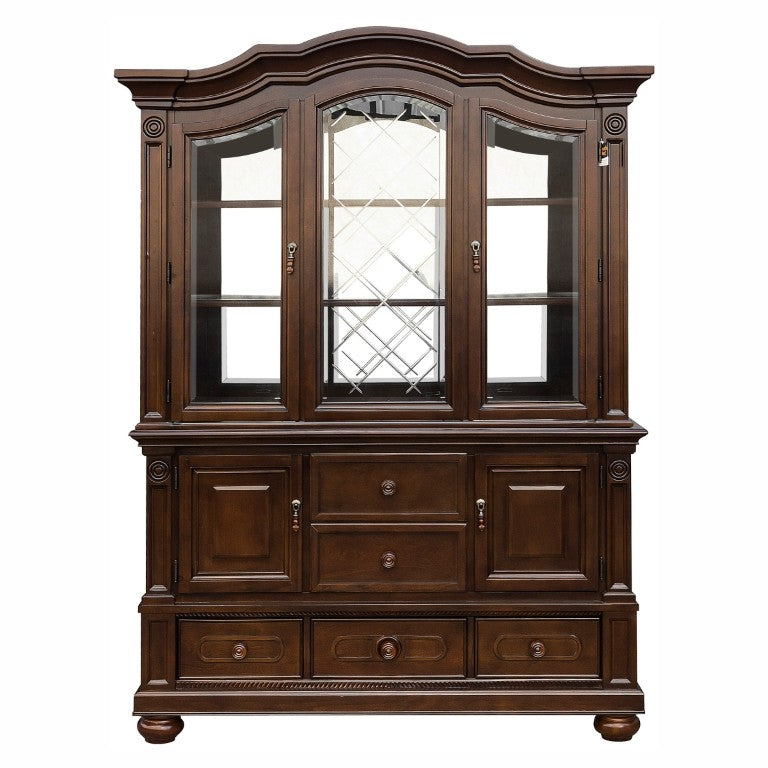 English Elm Buffet Hutch with Glass Doors Halogen Lighting and Cherry Veneer Traditional Storage B011S04105