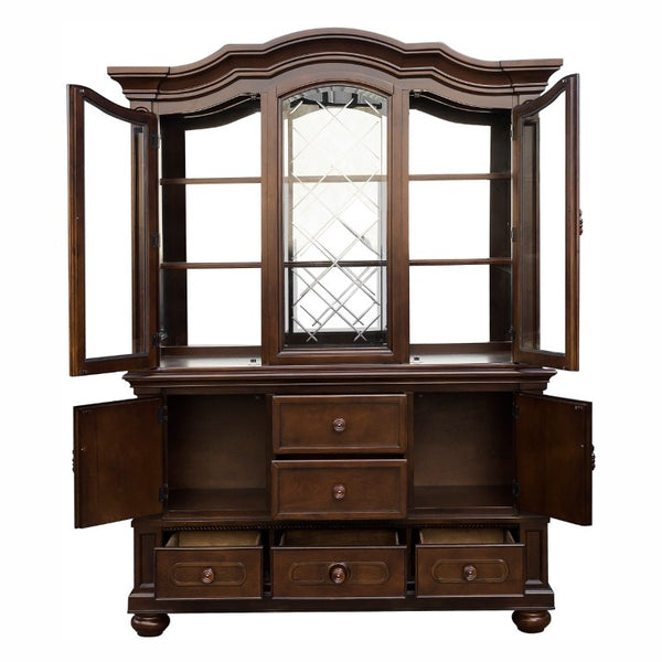 English Elm Buffet Hutch with Glass Doors Halogen Lighting and Cherry Veneer Traditional Storage B011S04105