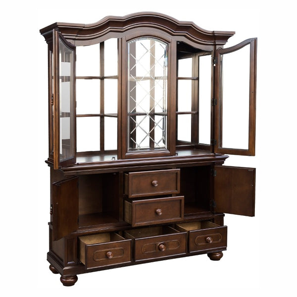 English Elm Buffet Hutch with Glass Doors Halogen Lighting and Cherry Veneer Traditional Storage B011S04105