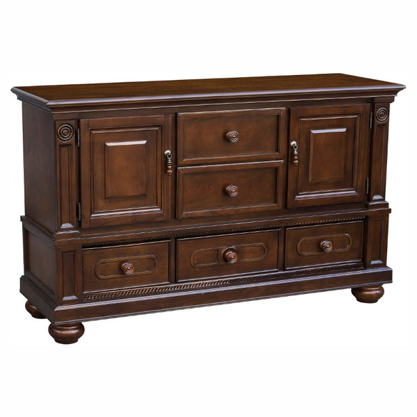 English Elm Buffet Hutch with Glass Doors Halogen Lighting and Cherry Veneer Traditional Storage B011S04105