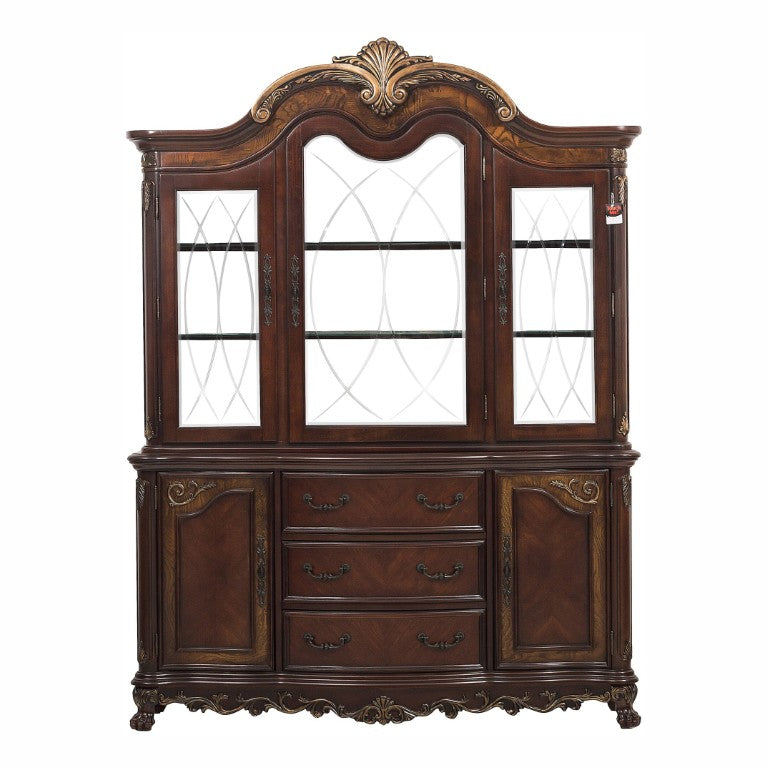 English Elm Buffet Hutch with LED Display Shelves Cherry Ash Burl Veneer Traditional Dining B011S04106