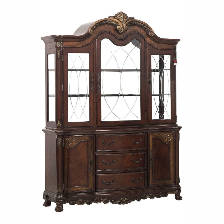 English Elm Buffet Hutch with LED Display Shelves Cherry Ash Burl Veneer Traditional Dining B011S04106