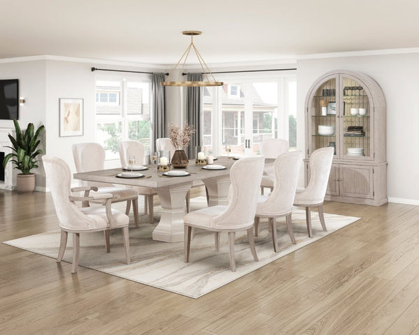 English Elm Dining Table Round Oak Veneer Two Tone Gray White Seats Six Contemporary Style 44 x 72 x 30.5 B011S04107