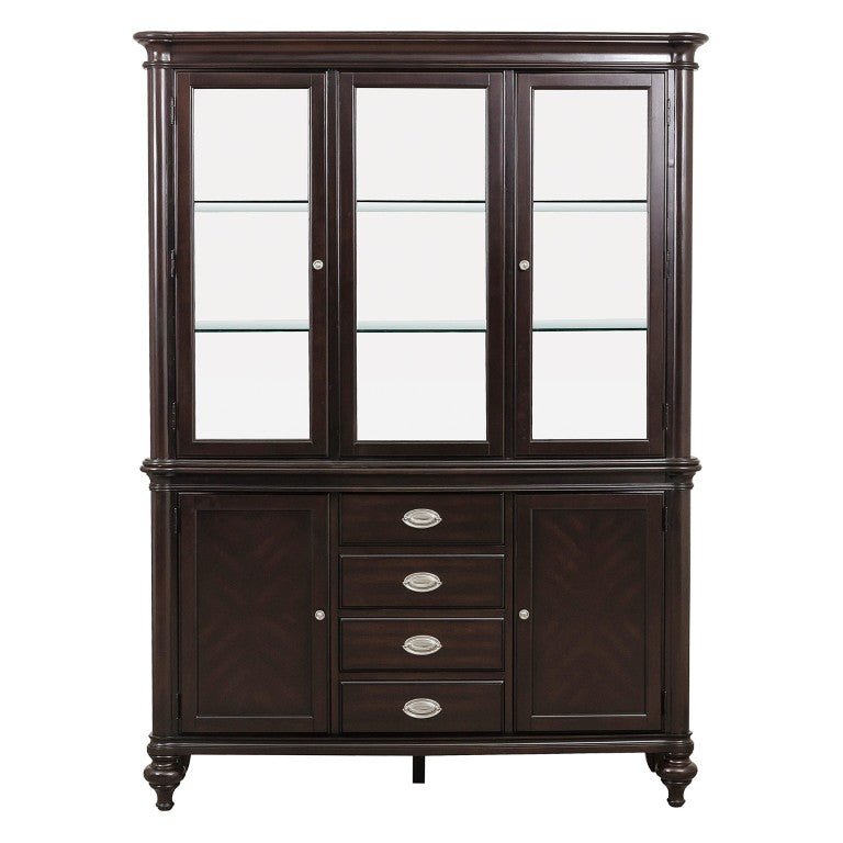English Elm Buffet Hutch with Glass Front Doors Interior Lighting and Cherry Veneer Dining Storage B011S04109