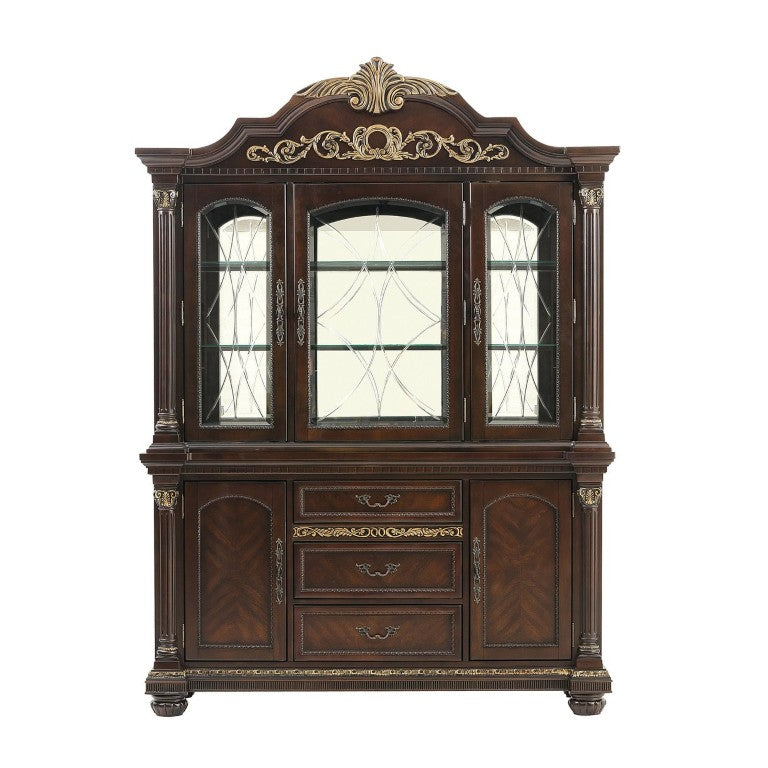 English Elm Buffet Hutch with Ornate Carved Molding Gold Tipping Cherry Veneer Dining Storage B011S04112