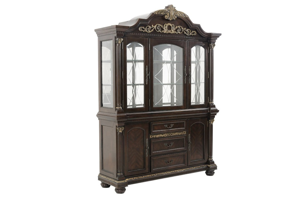 English Elm Buffet Hutch with Ornate Carved Molding Gold Tipping Cherry Veneer Dining Storage B011S04112