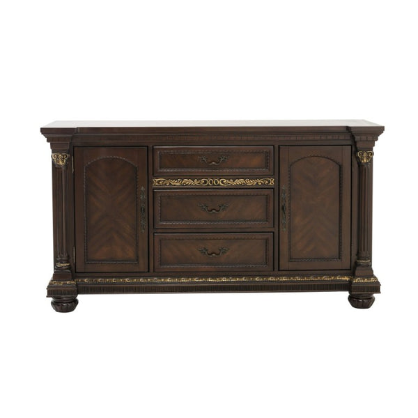 English Elm Buffet Hutch with Ornate Carved Molding Gold Tipping Cherry Veneer Dining Storage B011S04112