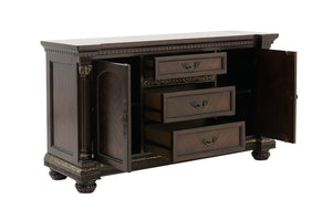 English Elm Buffet Hutch with Ornate Carved Molding Gold Tipping Cherry Veneer Dining Storage B011S04112
