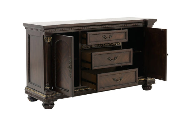 English Elm Buffet Hutch with Ornate Carved Molding Gold Tipping Cherry Veneer Dining Storage B011S04112