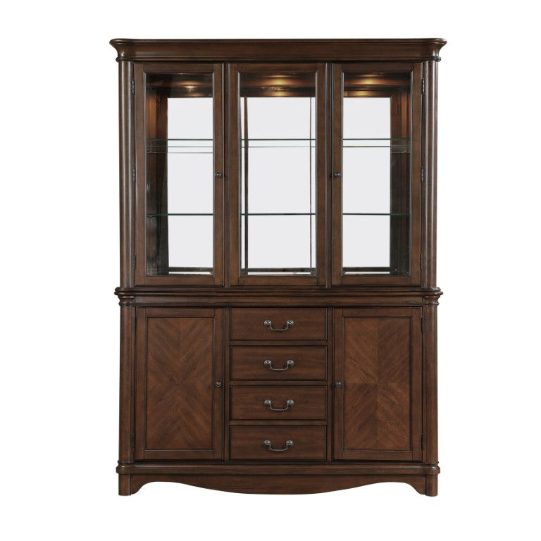 English Elm Buffet Hutch with LED Display Cabinet Cherry Veneer Traditional Dining Storage B011S04113