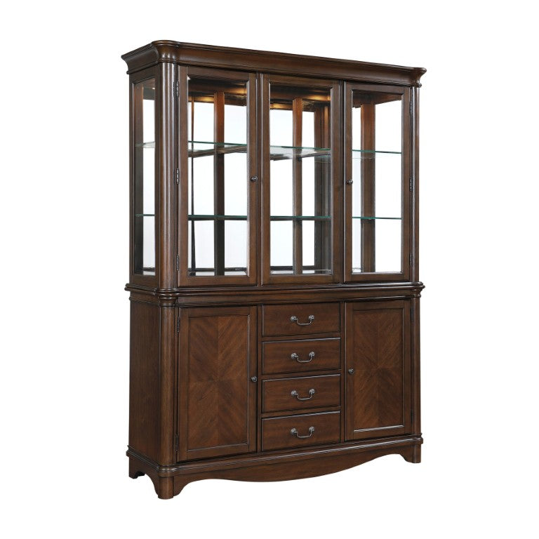 English Elm Buffet Hutch with LED Display Cabinet Cherry Veneer Traditional Dining Storage B011S04113