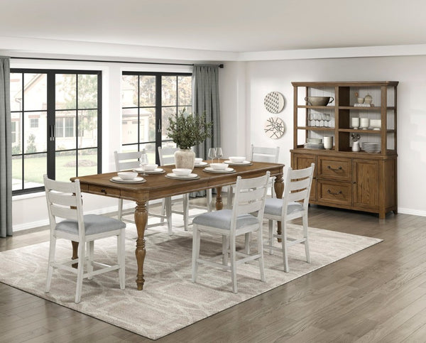 English Elm Counter Height Extendable Oak Veneer Dining Table with Dovetail Drawers for Casual Kitchens B011S04115
