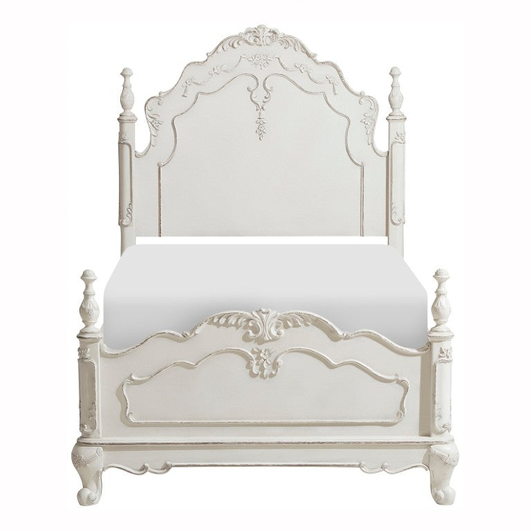 English Elm Bed Twin Victorian Carved Floral Headboard Antique White Finish for Kids Bedroom B011S04118