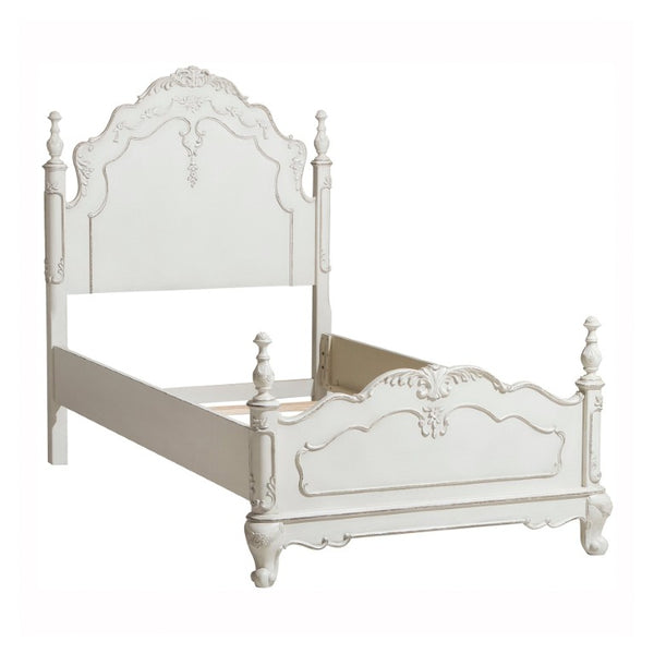 English Elm Bed Twin Victorian Carved Floral Headboard Antique White Finish for Kids Bedroom B011S04118