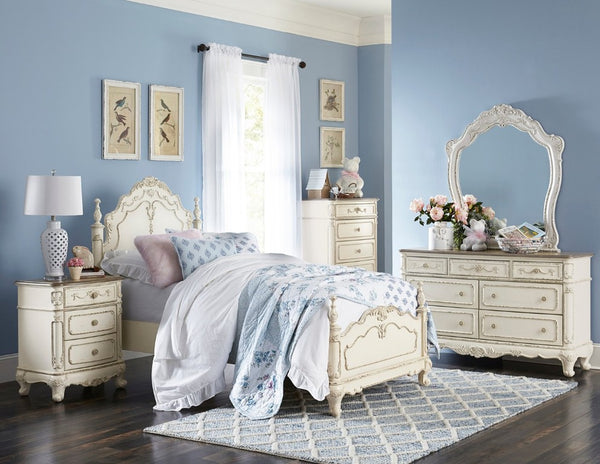 English Elm Bed Twin Victorian Carved Floral Headboard Antique White Finish for Kids Bedroom B011S04118