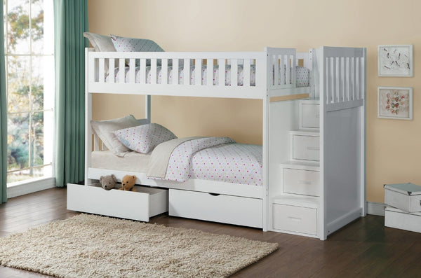 English Elm Bed Twin Over Step Bunk with Staircase Storage Youth Engineered Wood White B011S04142