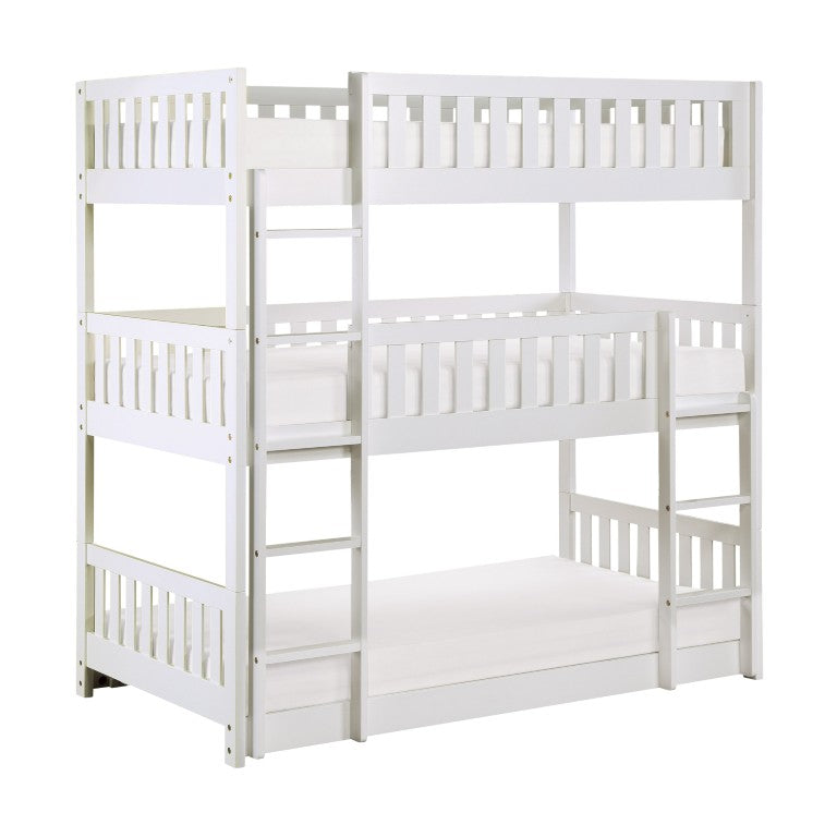 English Elm Bed Triple Twin Bunk with Floor Level Trundle Engineered Wood White Kids Room B011S04170