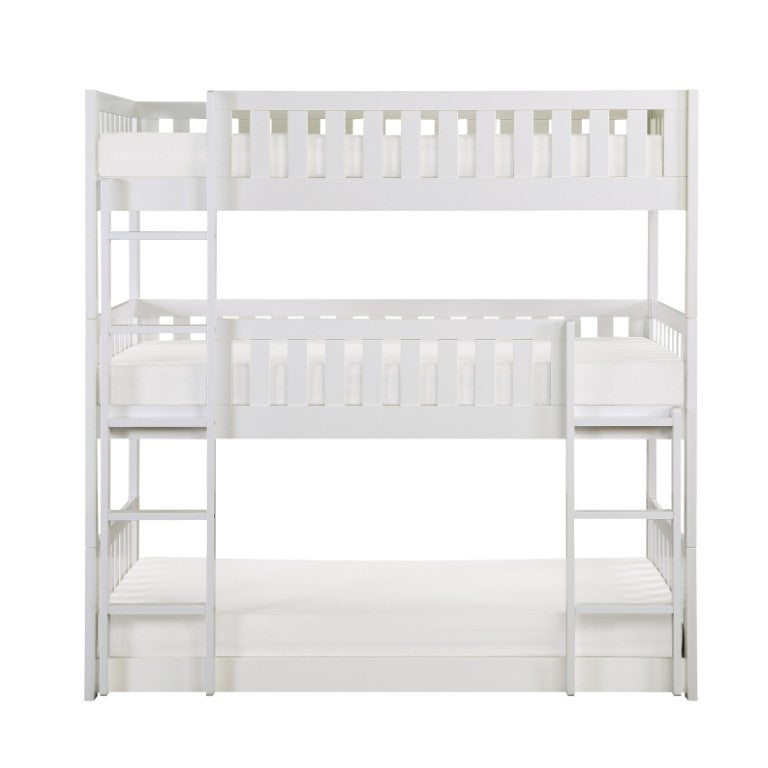 English Elm Bed Triple Twin Bunk with Floor Level Trundle Engineered Wood White Kids Room B011S04170