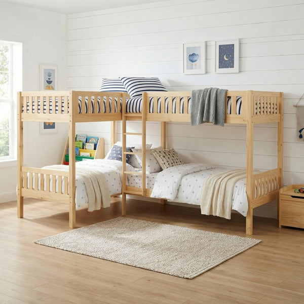 English Elm Bed Corner Bunk Four Sleeper Engineered Wood Frame with Natural Pine Finish Youth Room B011S04180