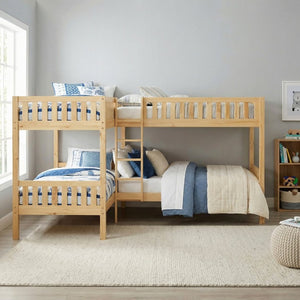 English Elm Bed Corner Bunk Four Sleeper Engineered Wood Frame with Natural Pine Finish Youth Room B011S04180