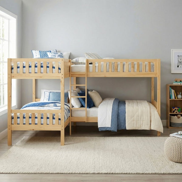 English Elm Bed Corner Bunk Four Sleeper Engineered Wood Frame with Natural Pine Finish Youth Room B011S04180