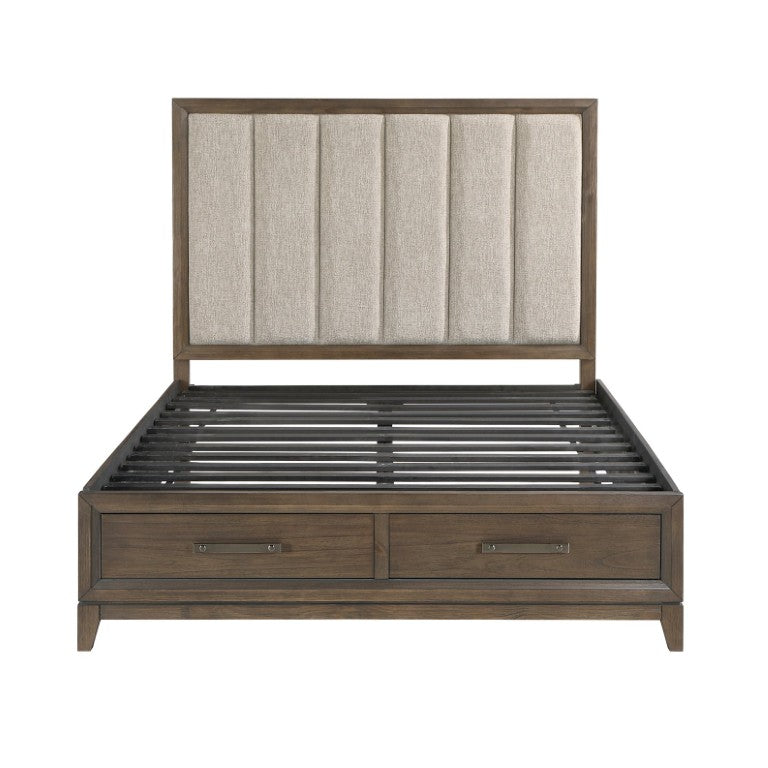 English Elm Bed California King Channel Tufted Chenille Headboard Dark Walnut Storage Frame B011S04183