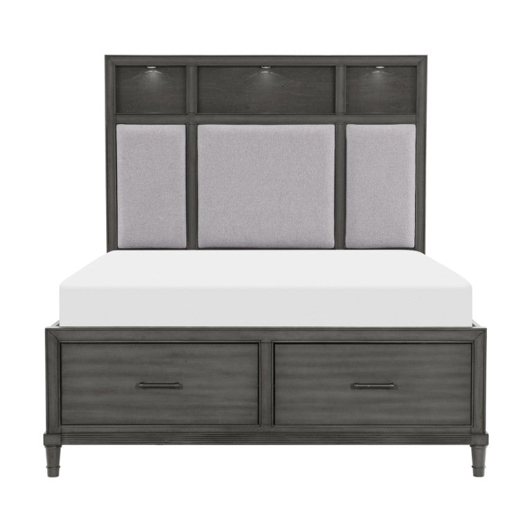 English Elm Bed Eastern King with LED Shelves USB Ports Fabric Headboard and Footboard Drawers B011S04191