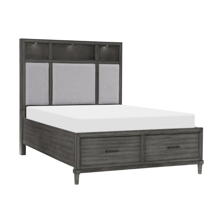 English Elm Bed Eastern King with LED Shelves USB Ports Fabric Headboard and Footboard Drawers B011S04191