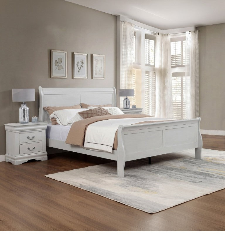 English Elm 3Pc Louis Philippe Queen Sleigh Bed Set with Chrome Hardware and Nightstands Greige B011S04197