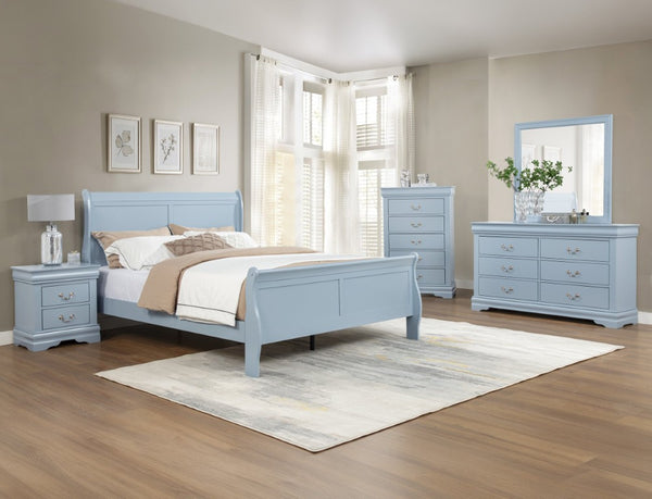 English Elm 3Pc Transitional Bedroom Set with Panel Bed Underbed Storage Nightstand and Tall Chest Blue Twin B011S04208