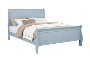 English Elm Louis Philippe Solid Wood Sleigh Bed with Curved Rails and Chrome Accents for Bedroom Blue Queen B011S04209