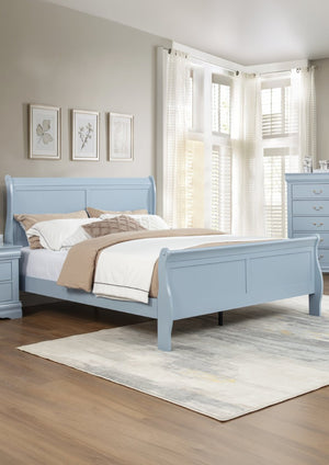English Elm Louis Philippe Solid Wood Sleigh Bed with Curved Rails and Chrome Accents for Bedroom Blue Queen B011S04209