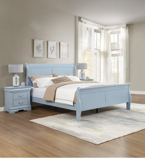 English Elm Louis Philippe Solid Wood Sleigh Bed with Curved Rails and Chrome Accents for Bedroom Blue Queen B011S04209