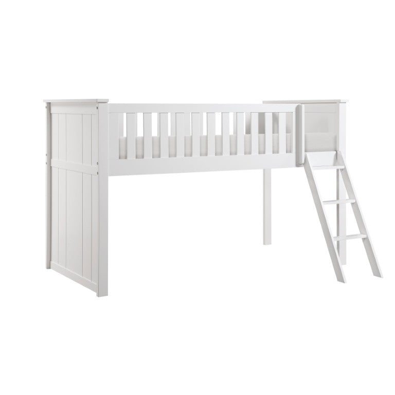 English Elm Low Loft Twin Bunk Bed in White Engineered Wood with Safety Rail for Youth Rooms B011S04213