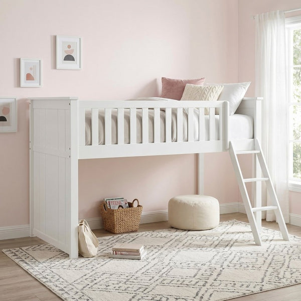 English Elm Low Loft Twin Bunk Bed in White Engineered Wood with Safety Rail for Youth Rooms B011S04213