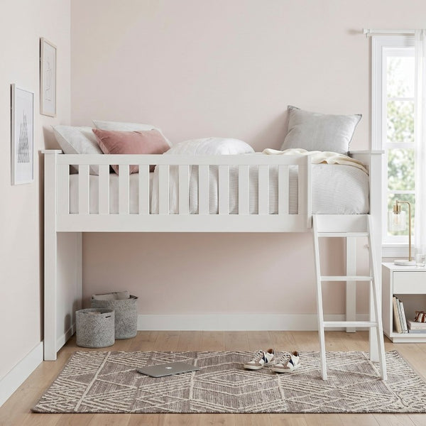 English Elm Low Loft Twin Bunk Bed in White Engineered Wood with Safety Rail for Youth Rooms B011S04213