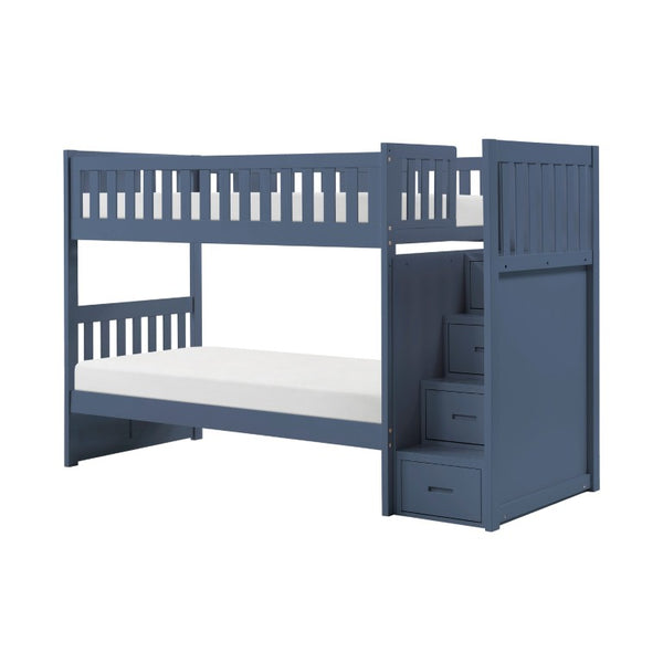 English Elm Bed Twin Over Step Bunk with Four Storage Drawers Engineered Wood Youth Frame Twin/Twin Step Bunk Blue B011S04220