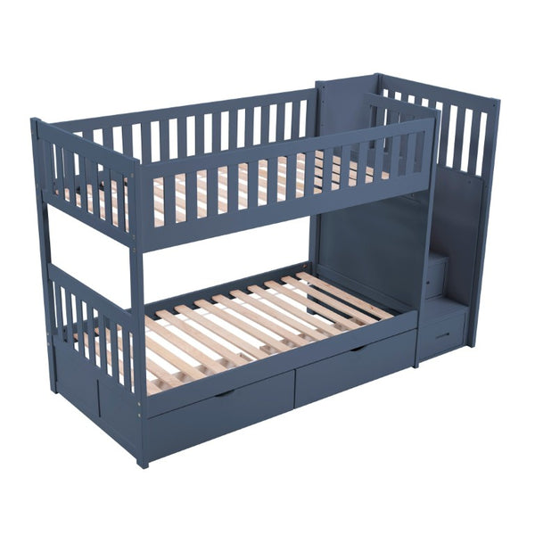 English Elm Bed Twin Over Step Bunk with Four Storage Drawers Engineered Wood Youth Frame Twin/Twin Step Bunk Blue B011S04220