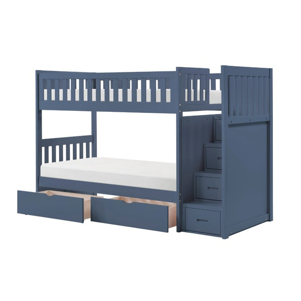 English Elm Bed Twin Over Step Bunk with Four Storage Drawers Engineered Wood Youth Frame Twin/Twin Step Bunk Blue B011S04220