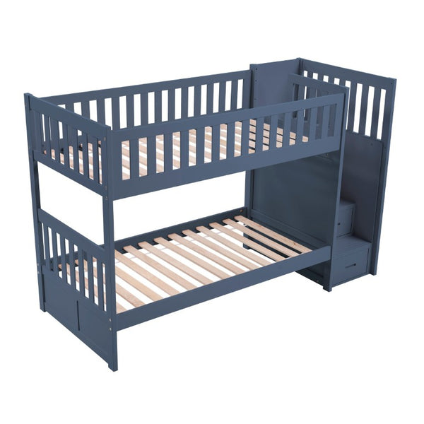 English Elm Bed Twin Over Step Bunk with Four Storage Drawers Engineered Wood Youth Frame Twin/Twin Step Bunk Blue B011S04220