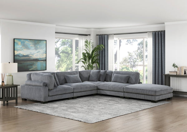 English Elm Chair Modular Sectional Set Gray Corduroy Upholstered Pocket Coil Living Room Seating B011S04260