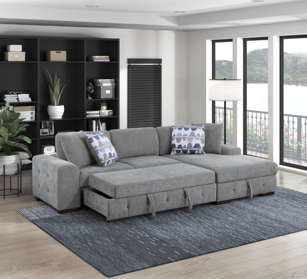 English Elm Left Facing Chenille Sectional Sofa with Pull Out Bed and Hidden Storage Ottoman Left Side 2-Seater Right Chaise Ottoman Set of 3 B011S04296