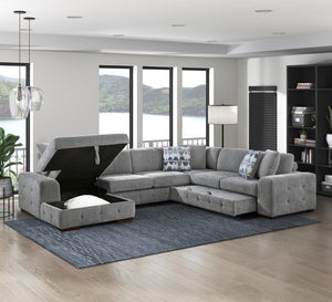 English Elm Left Sectional Five Piece Chenille Sofa with Storage Ottoman and Pull Out Guest Bed Gray B011S04302
