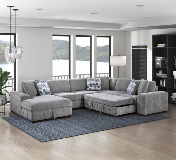 English Elm Left Sectional Five Piece Chenille Sofa with Storage Ottoman and Pull Out Guest Bed Gray B011S04302