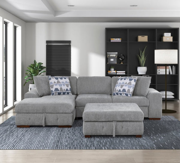 English Elm Left Sectional Five Piece Chenille Sofa with Storage Ottoman and Pull Out Guest Bed Gray B011S04302