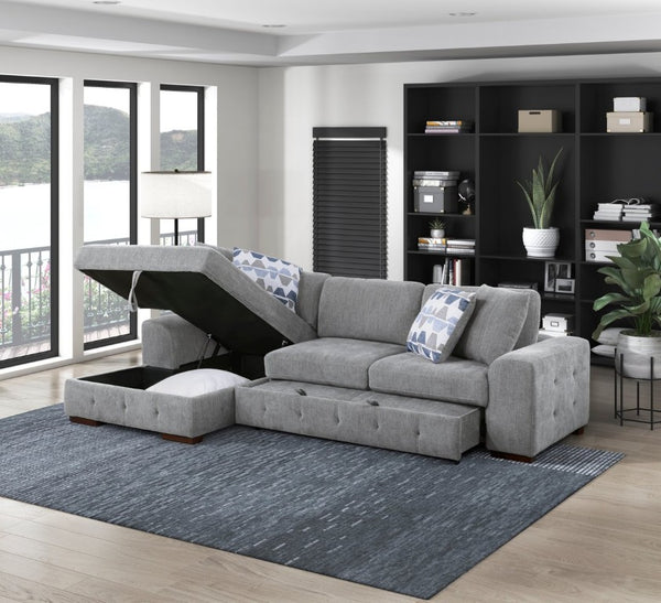 English Elm Left Sectional Five Piece Chenille Sofa with Storage Ottoman and Pull Out Guest Bed Gray B011S04302