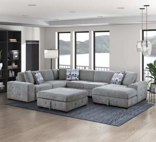 English Elm Left Sectional Five Piece Chenille Sofa with Storage Ottoman and Pull Out Guest Bed Gray B011S04302