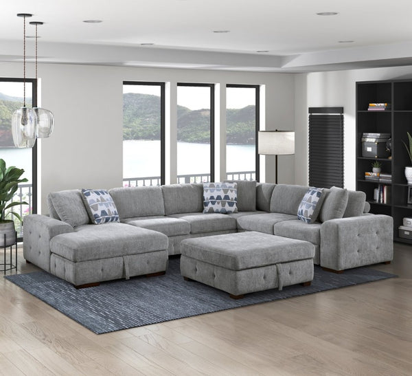 English Elm Left Sectional Five Piece Chenille Sofa with Storage Ottoman and Pull Out Guest Bed Gray B011S04302